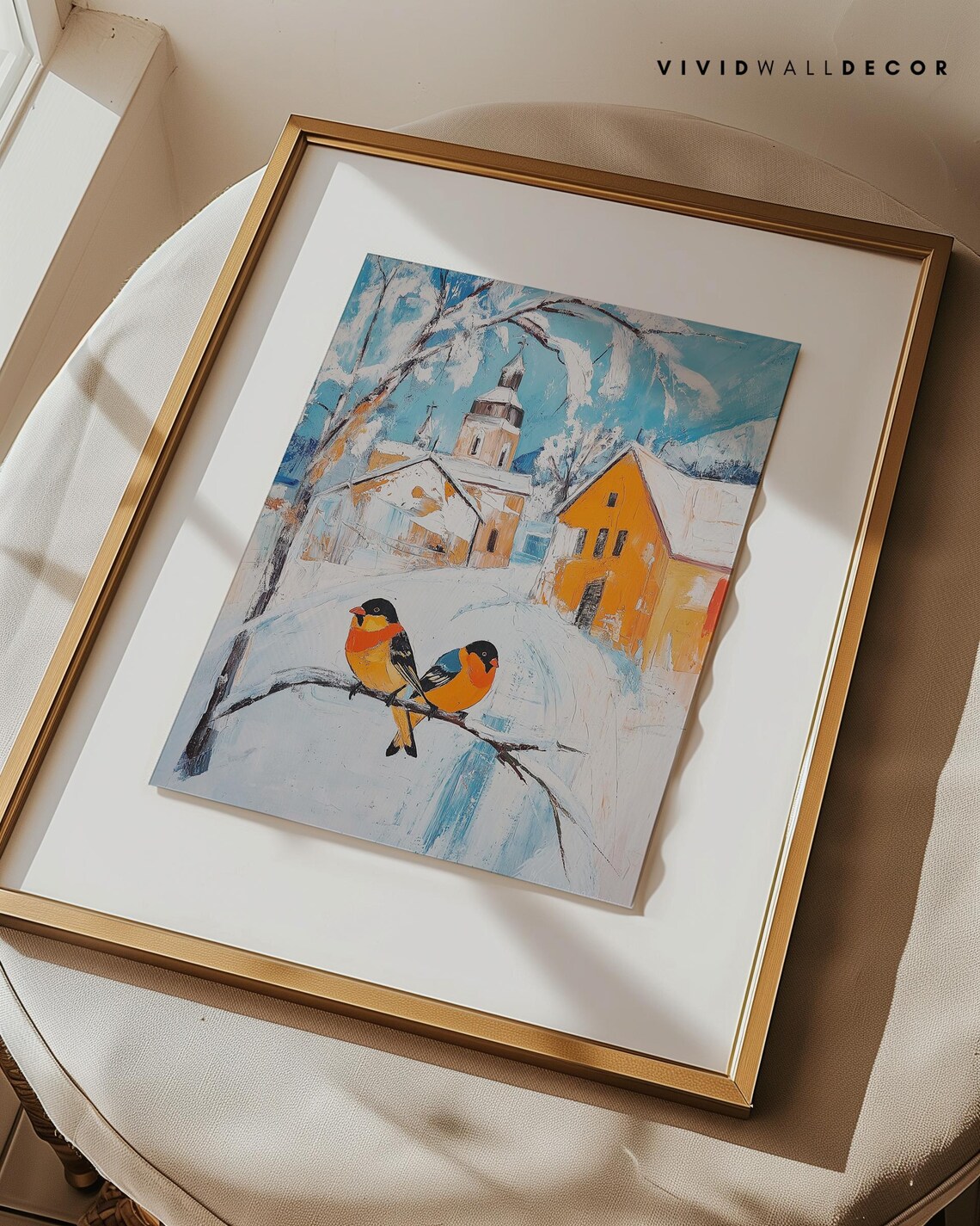 Two Finches On A Snowy Branch By A Village Church Art Poster - Image 3