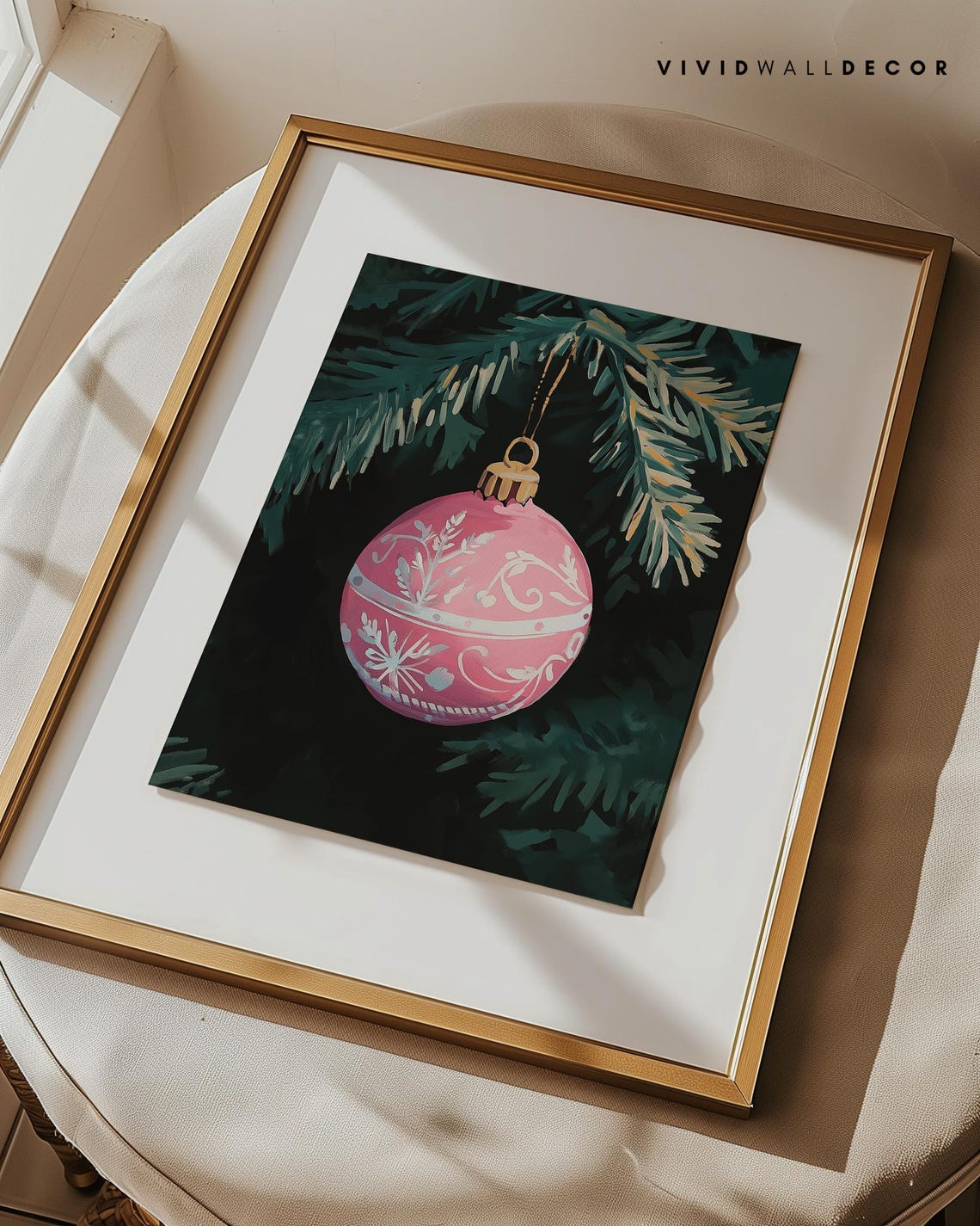 Pink Christmas Bauble Ornament Hanging On Pine Branch Poster - Image 3