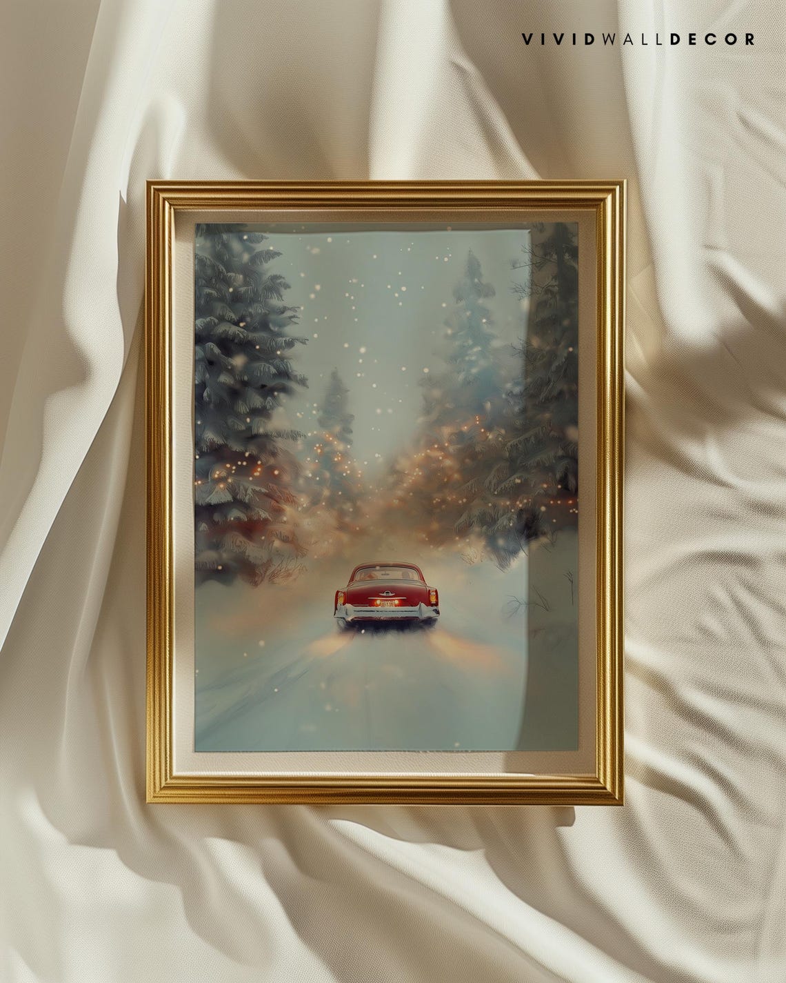 Red Vintage Car Driving Through Snowy Christmas Forest Poster - Image 2