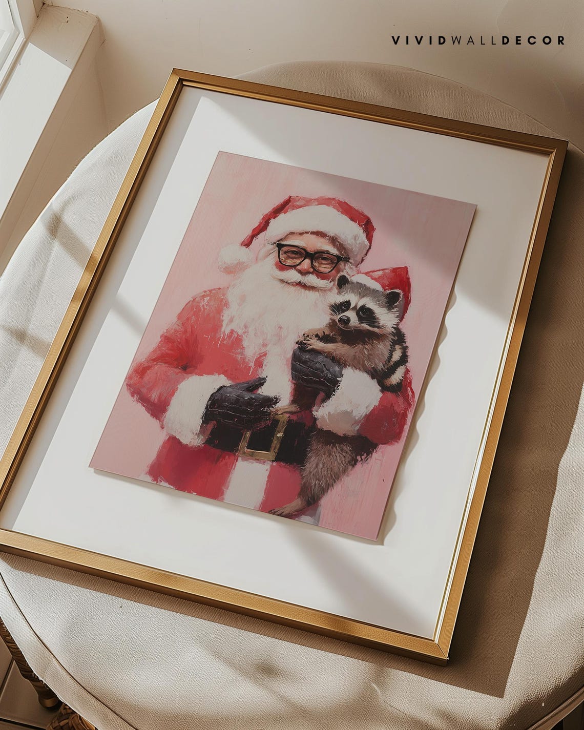 Santa And Raccoon Christmas Art Holiday Decor Pink Christmas Wall Art Whimsical Seasonal Print Cute Santa Illustration Christmas Gift Card - Image 2