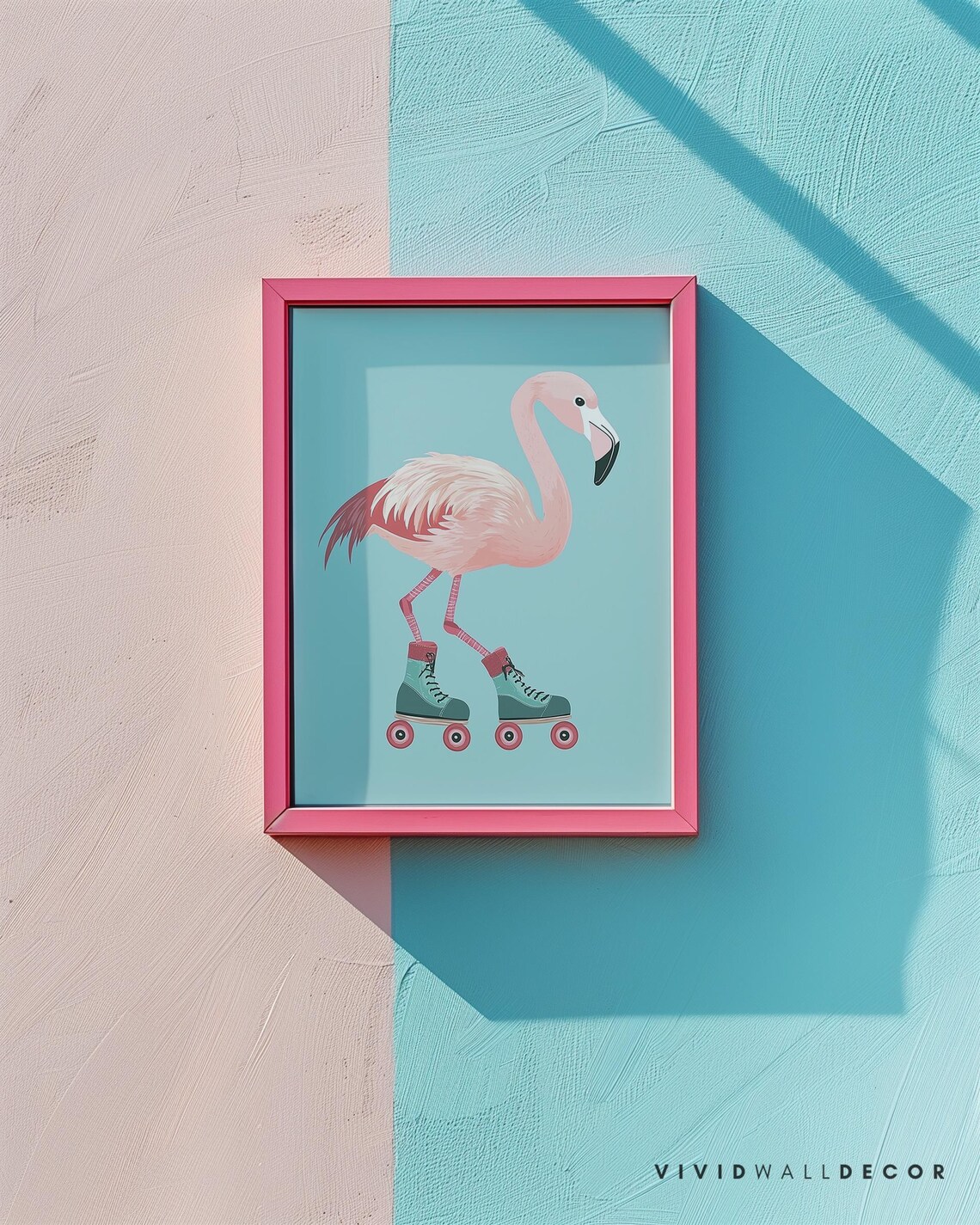 Sweet Pink Flamingo Gliding on Teal Roller Skates Nursery Poster - Image 2