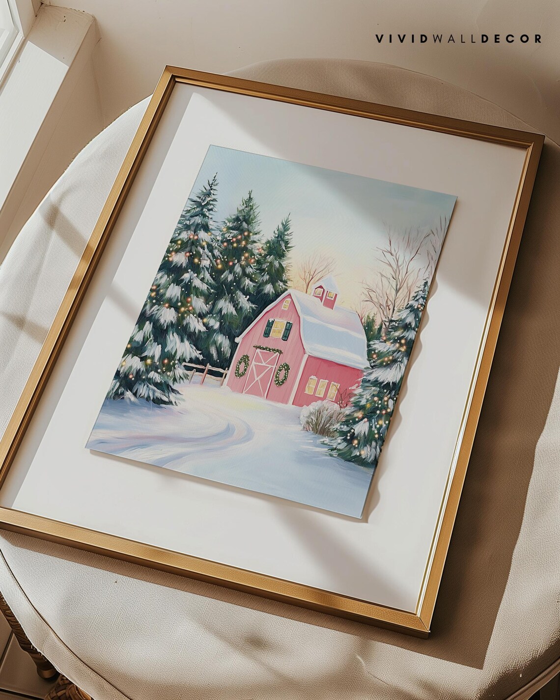 Cozy Pink Barn With Christmas Wreaths In Fresh Winter Snow Poster - Image 3