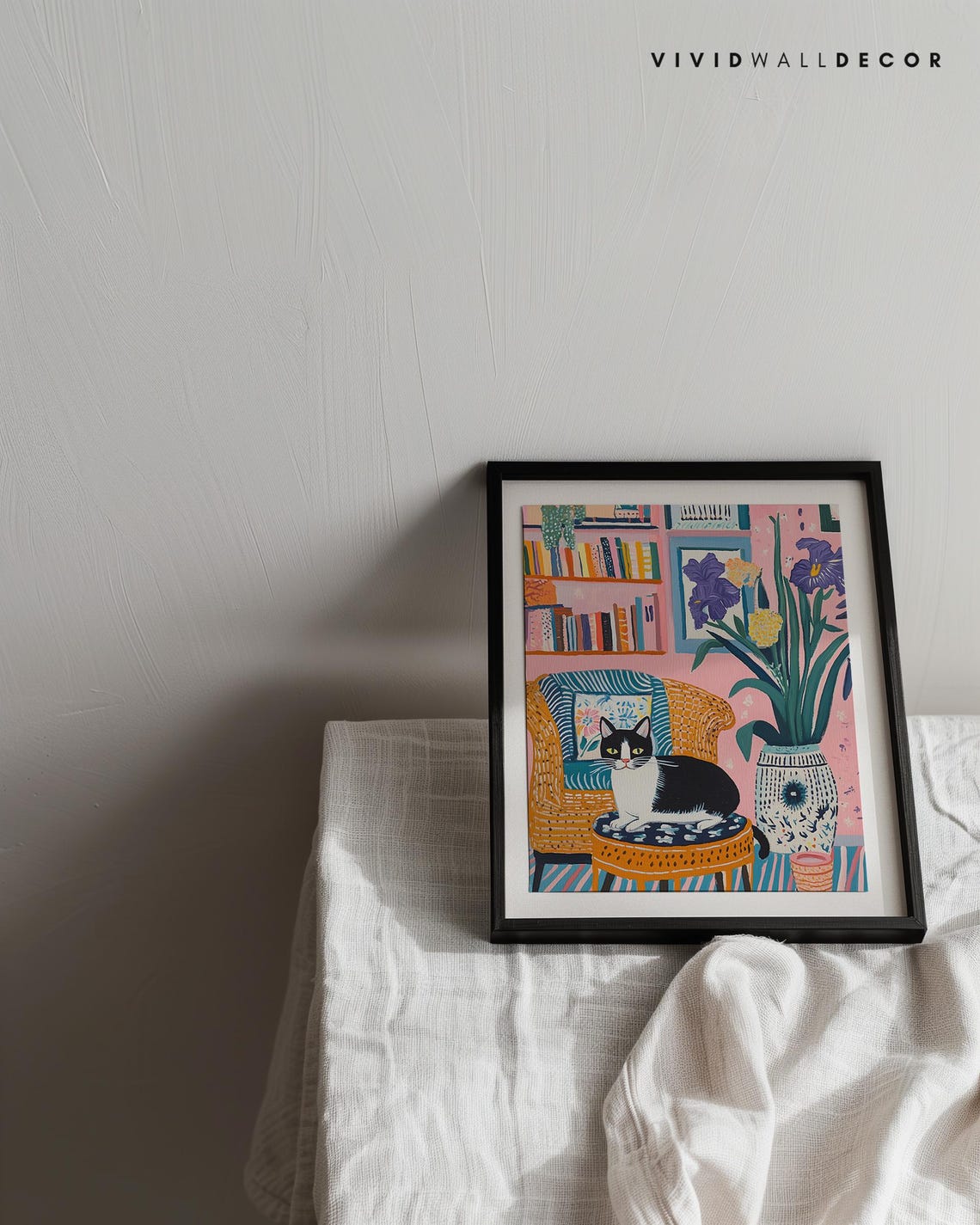 Matisse Inspired Tuxedo Cat in a Cozy Pink Reading Corner Poster - Image 2