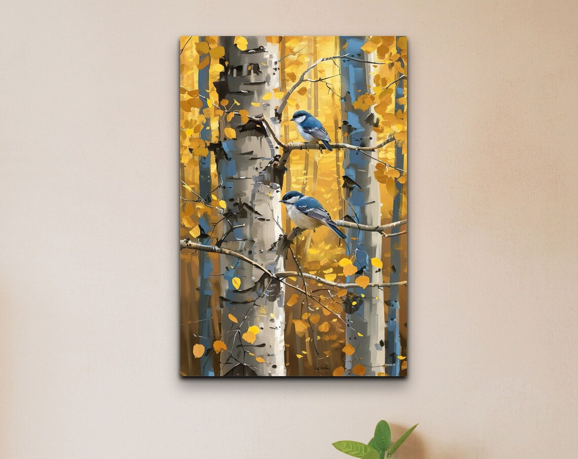 Bluebirds Perched on Aspen Trees with Golden Autumn Leaves Poster