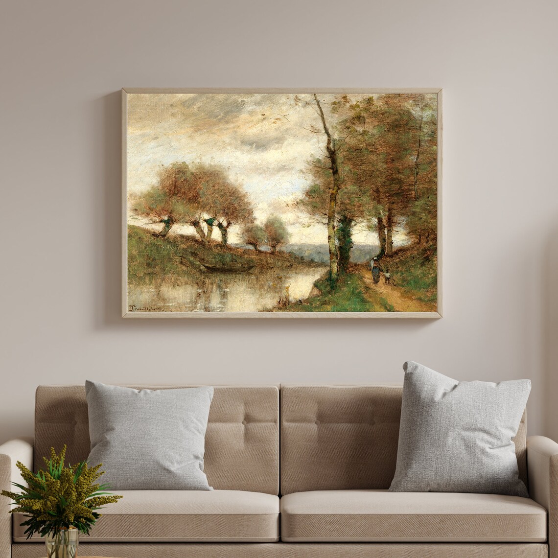 Vintage Oil Painting Autumn Riverbank Pollarded Trees Boat Art Poster - Image 2