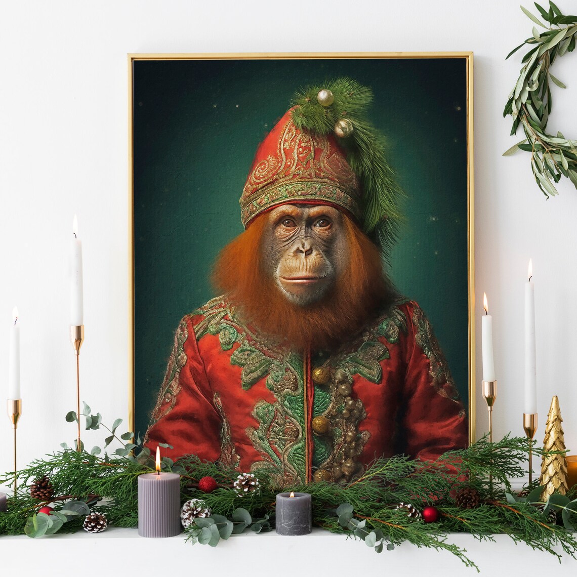 Christmas Orangutan Vintage Portrait Art Print