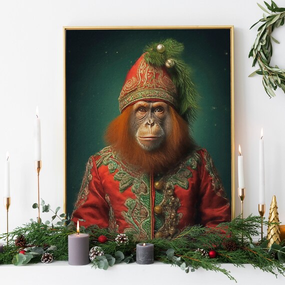 Christmas Orangutan Vintage Portrait Art Print