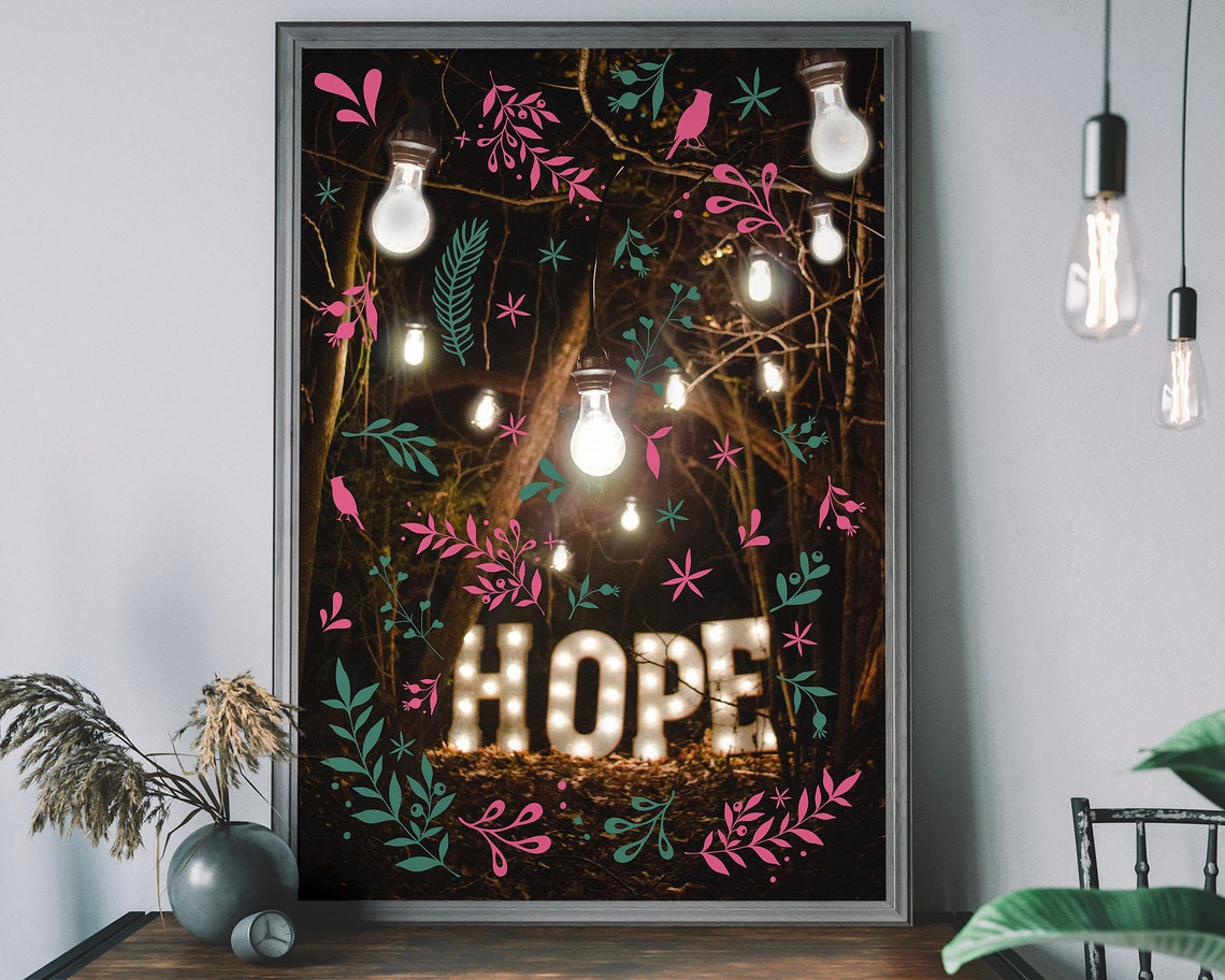 Hope Marquee Lights Night Forest Christmas Holiday Word Sign Poster