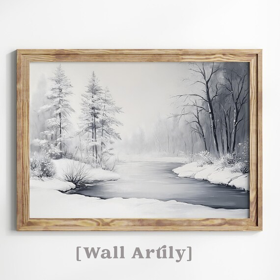 Monochrome Winter River Misty Trees Snowy Landscape Art Poster
