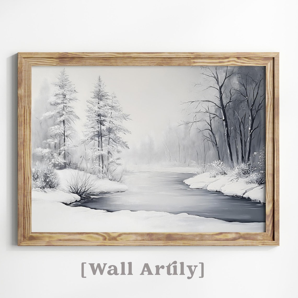 Monochrome Winter River Misty Trees Snowy Landscape Art Poster