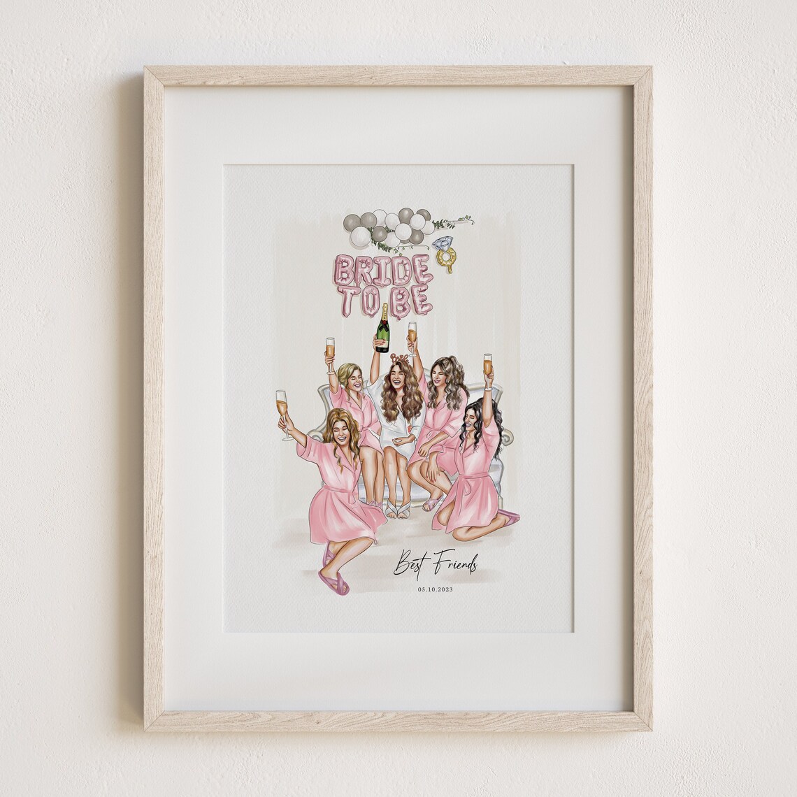 Bride To Be Hen Party Portrait Print With Best Friends in Pink Robes
