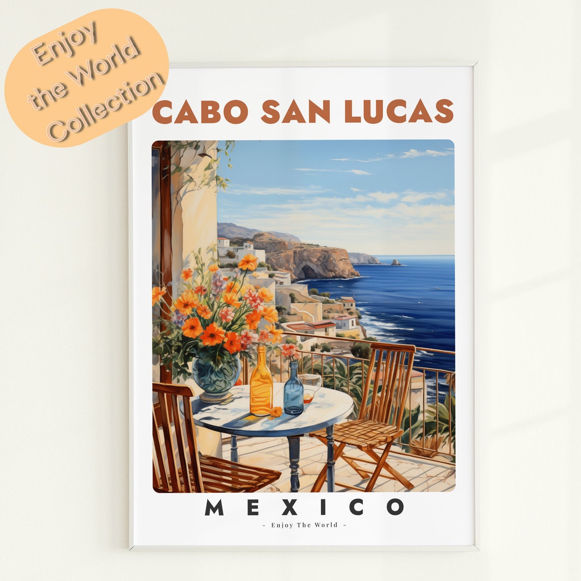 Cabo San Lucas Mexico Seaside Terrace Vintage Travel Art Poster