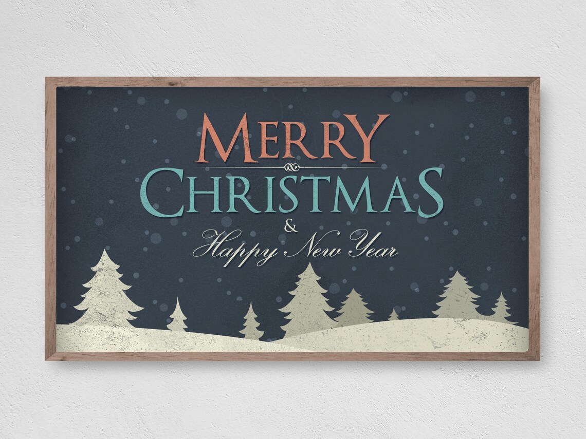 Merry Christmas Happy New Year Navy Snowy Trees Holiday Decor Poster