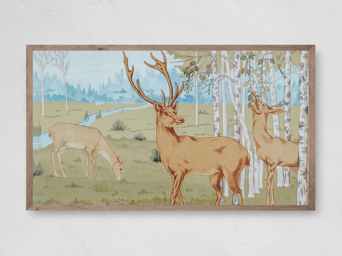Deer Family Birch Forest Vintage Illustration Stag Doe Fawn Wall Art