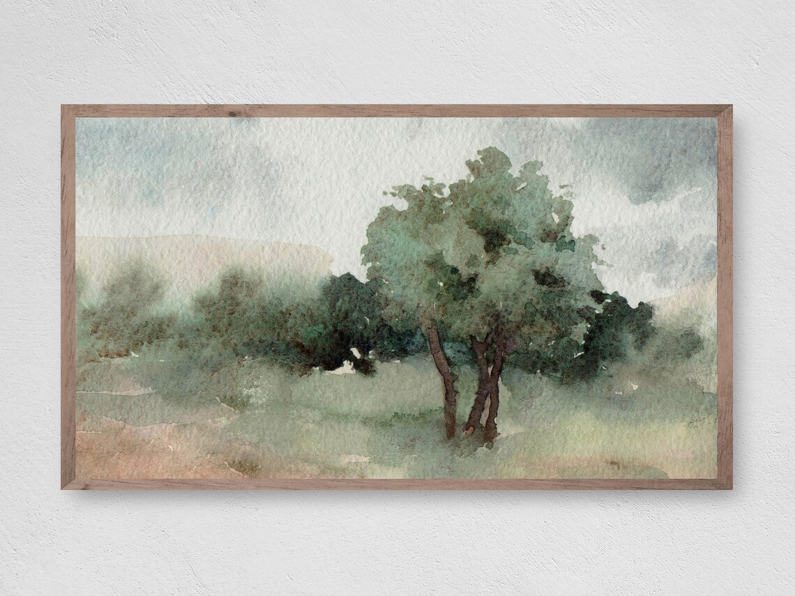 Tree-Lined Field Watercolor Beach Art Print