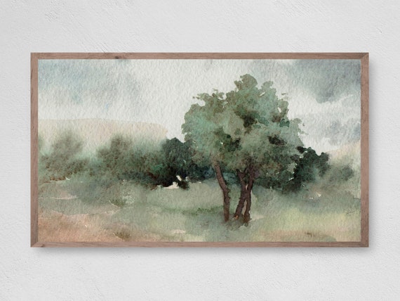 Tree-Lined Field Watercolor Beach Art Print