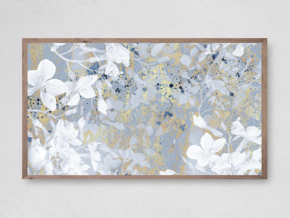White Floral Abstract Blue Gold Splatter Botanical Modern Wall Art