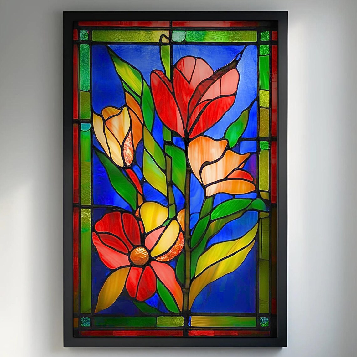 Red Yellow Tulip Stained Glass Poster Blue Background Floral Window Art