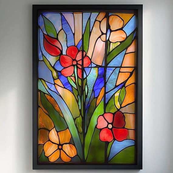 Stained Glass Flowers Red Orange Yellow Botanical Art Poster