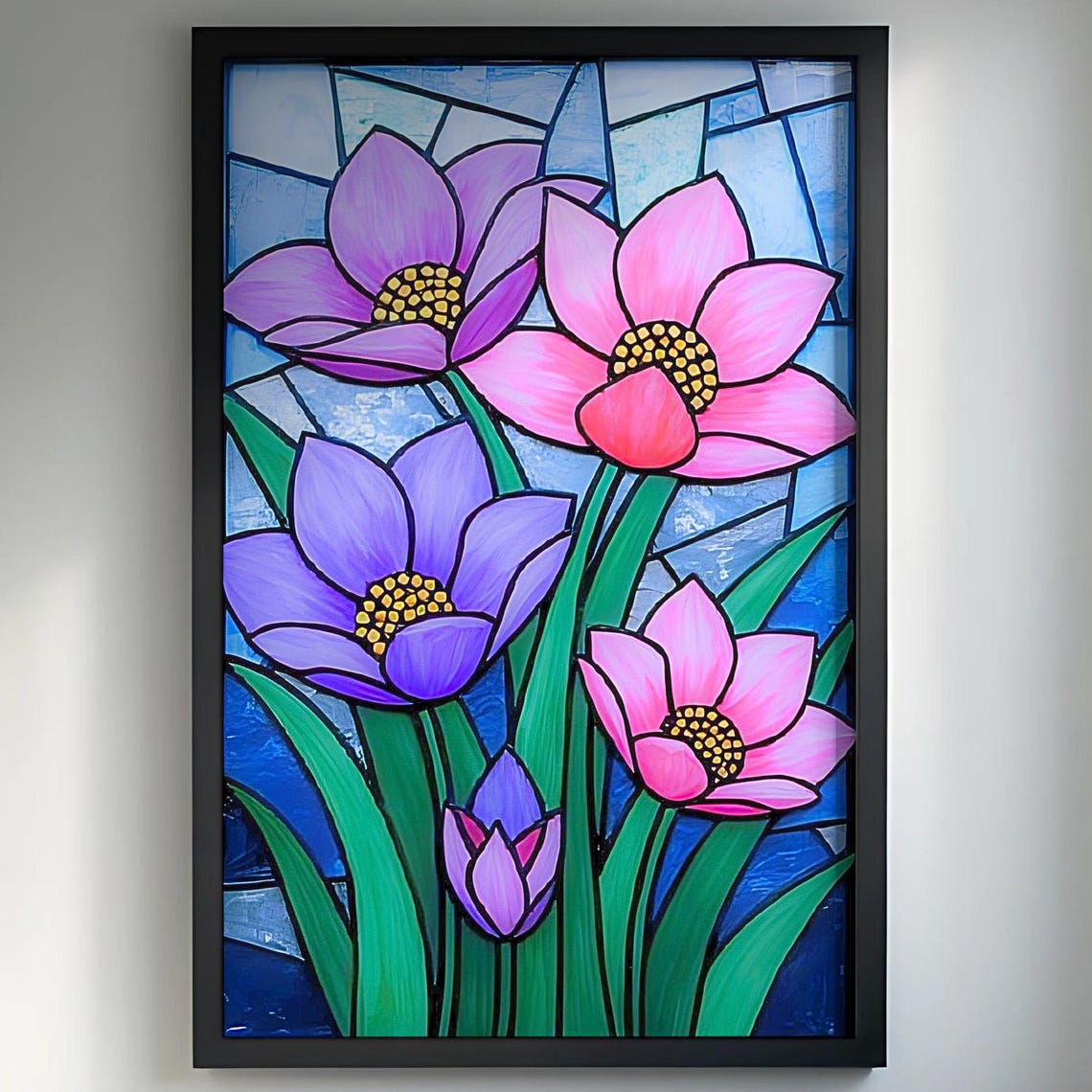 Pink Purple Stained Glass Flower Blooms Floral Garden Poster