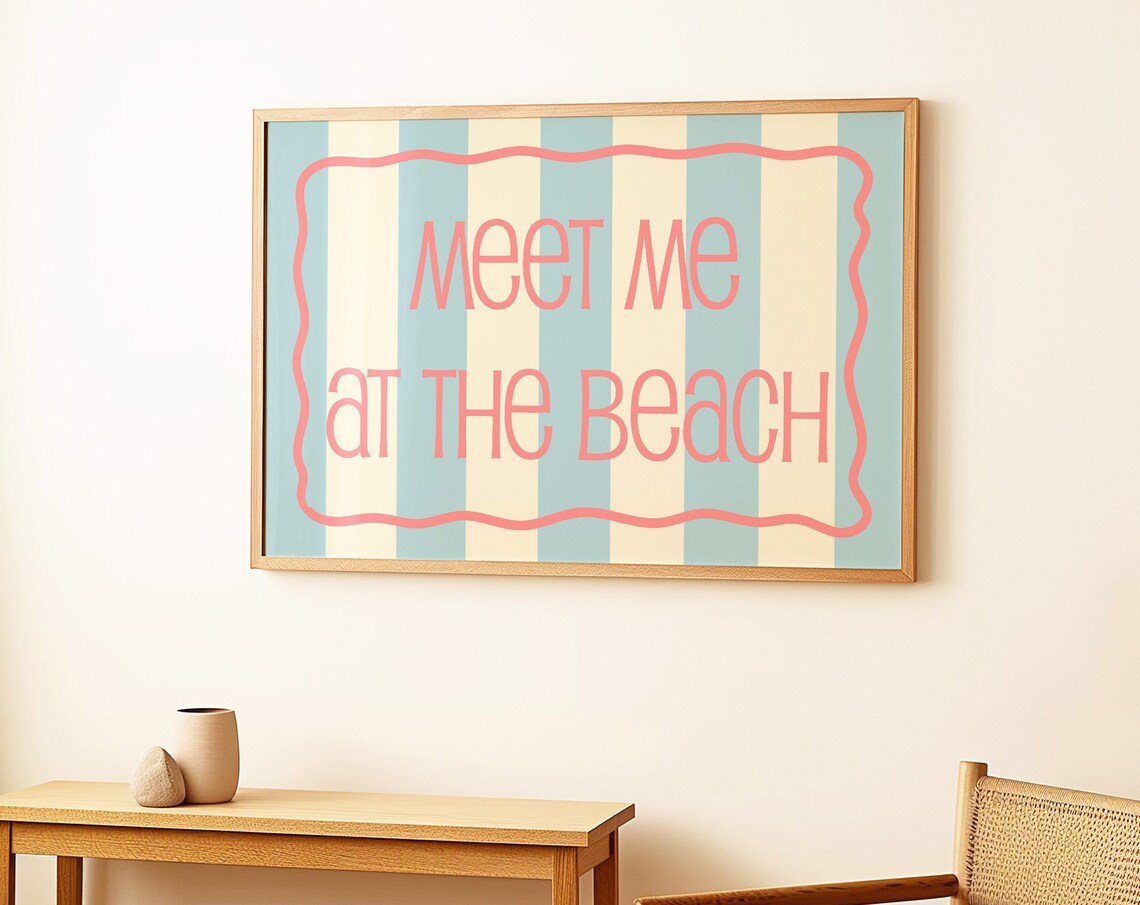 Meet Me at the Beach Coastal Striped Summer Beach House Wall Art