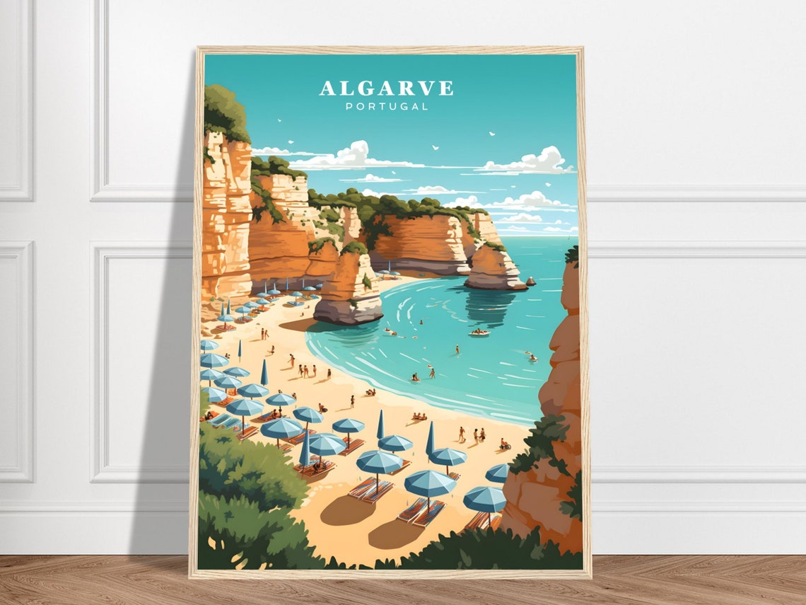 Algarve Portugal Beach Cliffs Turquoise Coast Travel Sun Poster