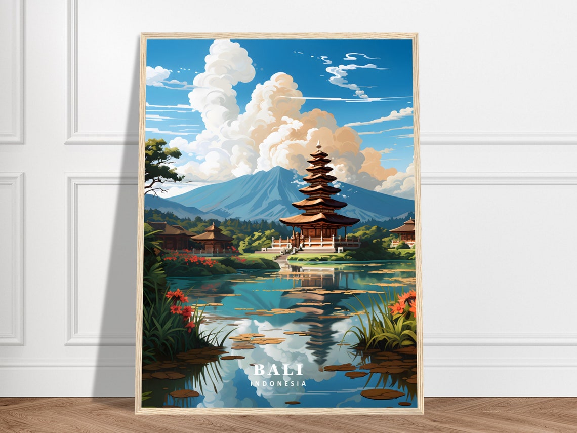 Bali Indonesia Hindu Temple Lake Reflection Colorful Travel Poster