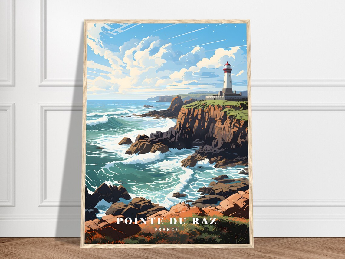 Pointe du Raz France Travel Poster Lighthouse Rocky Cliff Coast Art