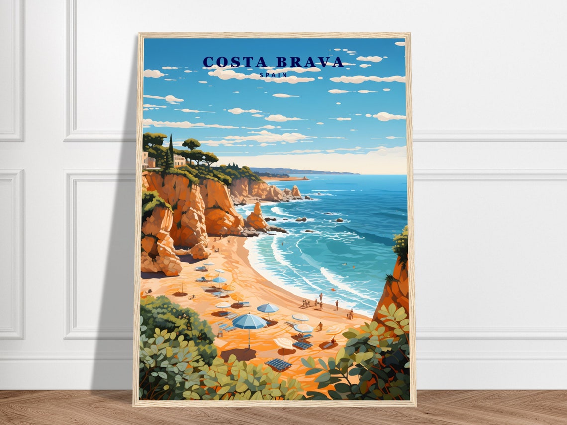 Sunny Costa Brava Spain Beach Cliffs Catalonia Vintage Travel Poster