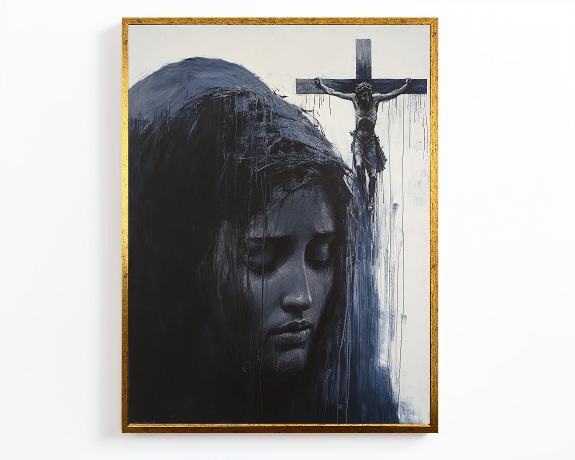 Mourning Veiled Woman Crucifixion Cross Dark Devotional Art Poster - Image 4
