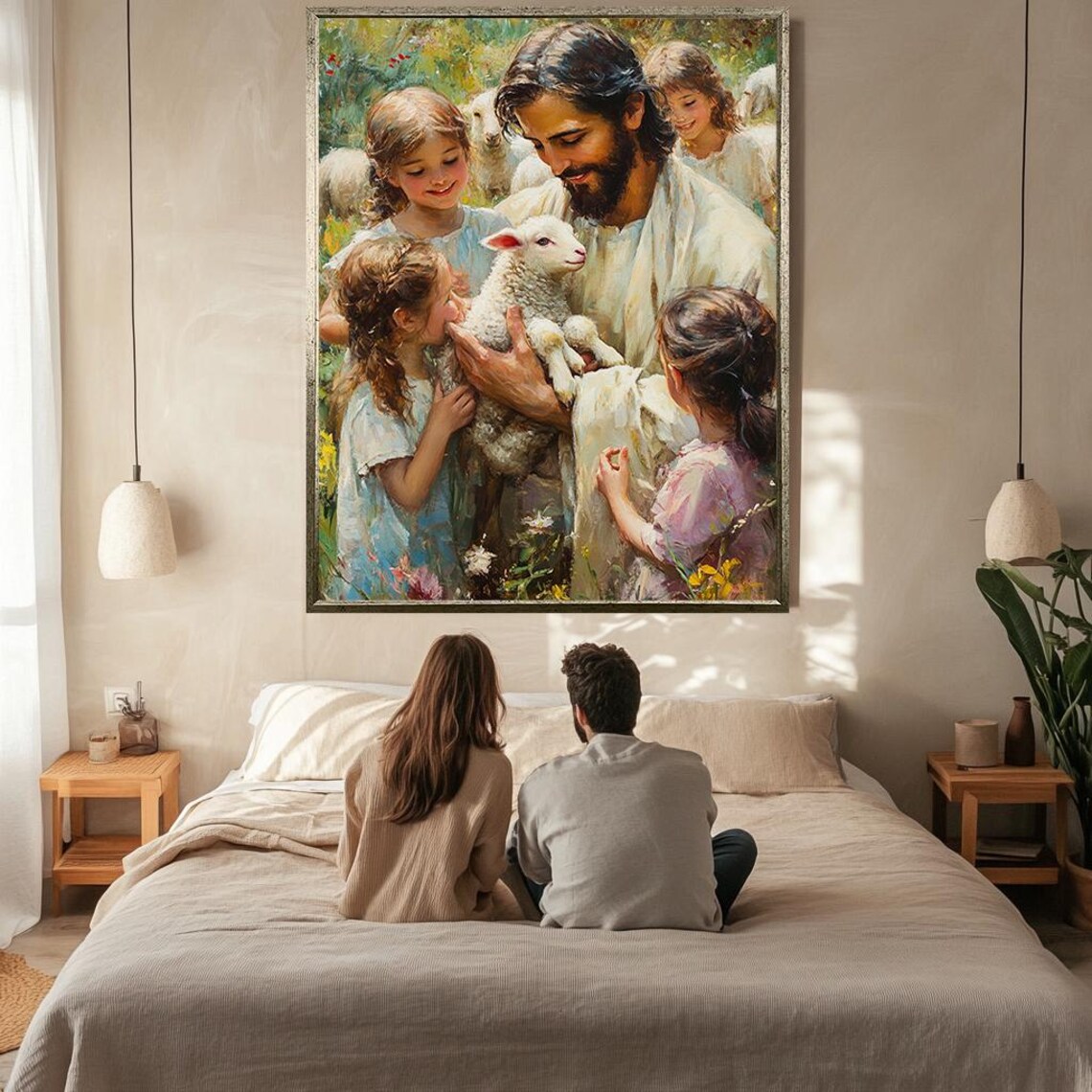 Jesus Holding Lamb Surrounded By Children Pastoral Christian Wall Art - Image 2