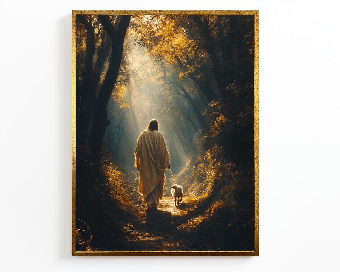 Jesus Christ Walking With Lamb On Sunlit Forest Trail Christian Poster - Image 4