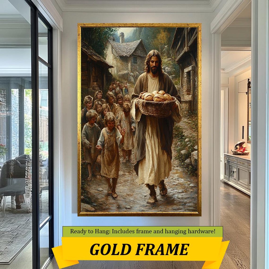 Jesus Carrying Bread Basket Walking With Children Village Scene Poster - Image 5