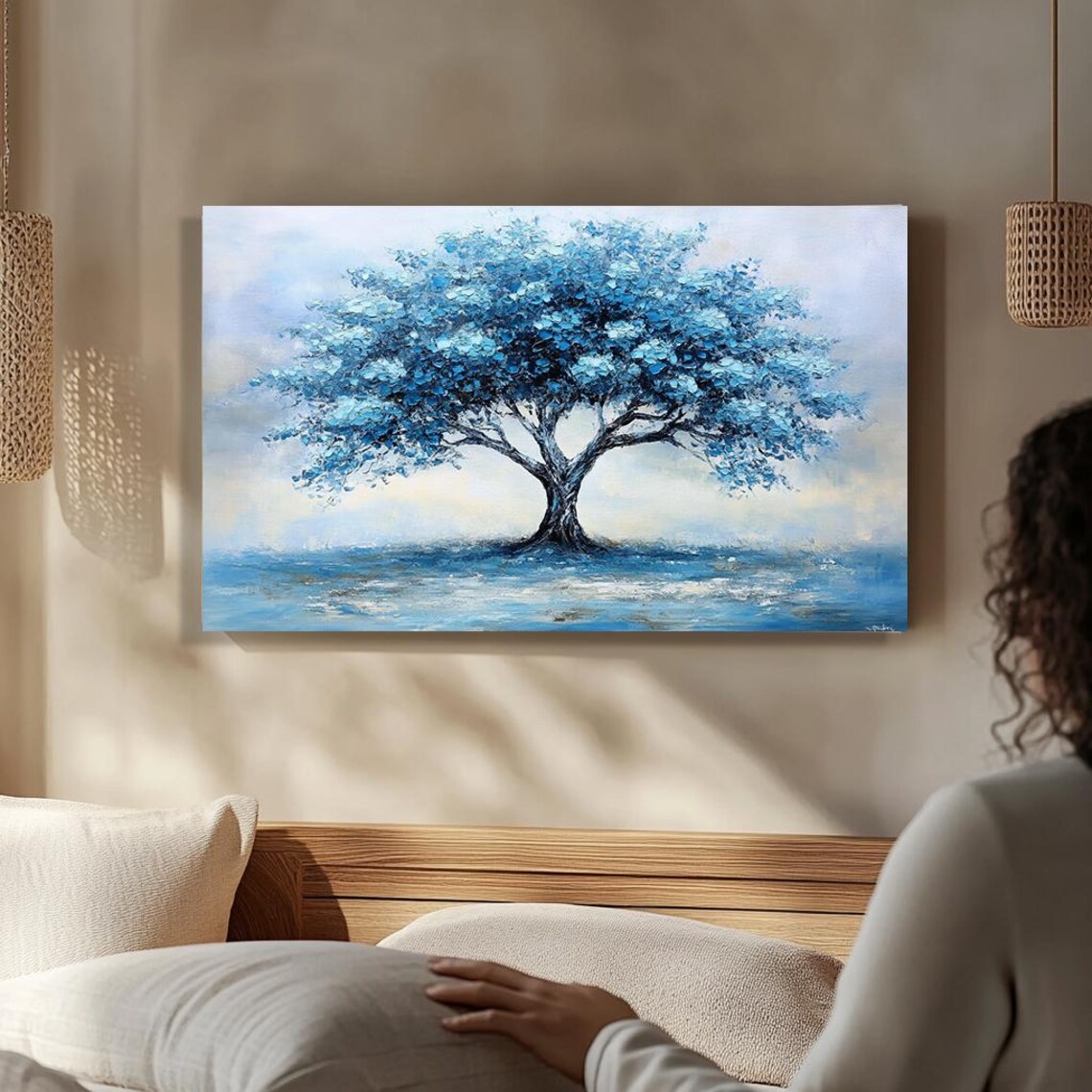 Elegant Blue Tree Art Textured Palette Knife Painting Modern Abstract Tree Wall Decor Serene Nature Artwork For Home - Image 3