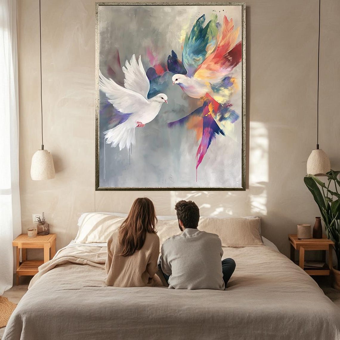 White Dove Colorful Watercolor Pair Peace Symbol Bird Art Wall Poster - Image 2