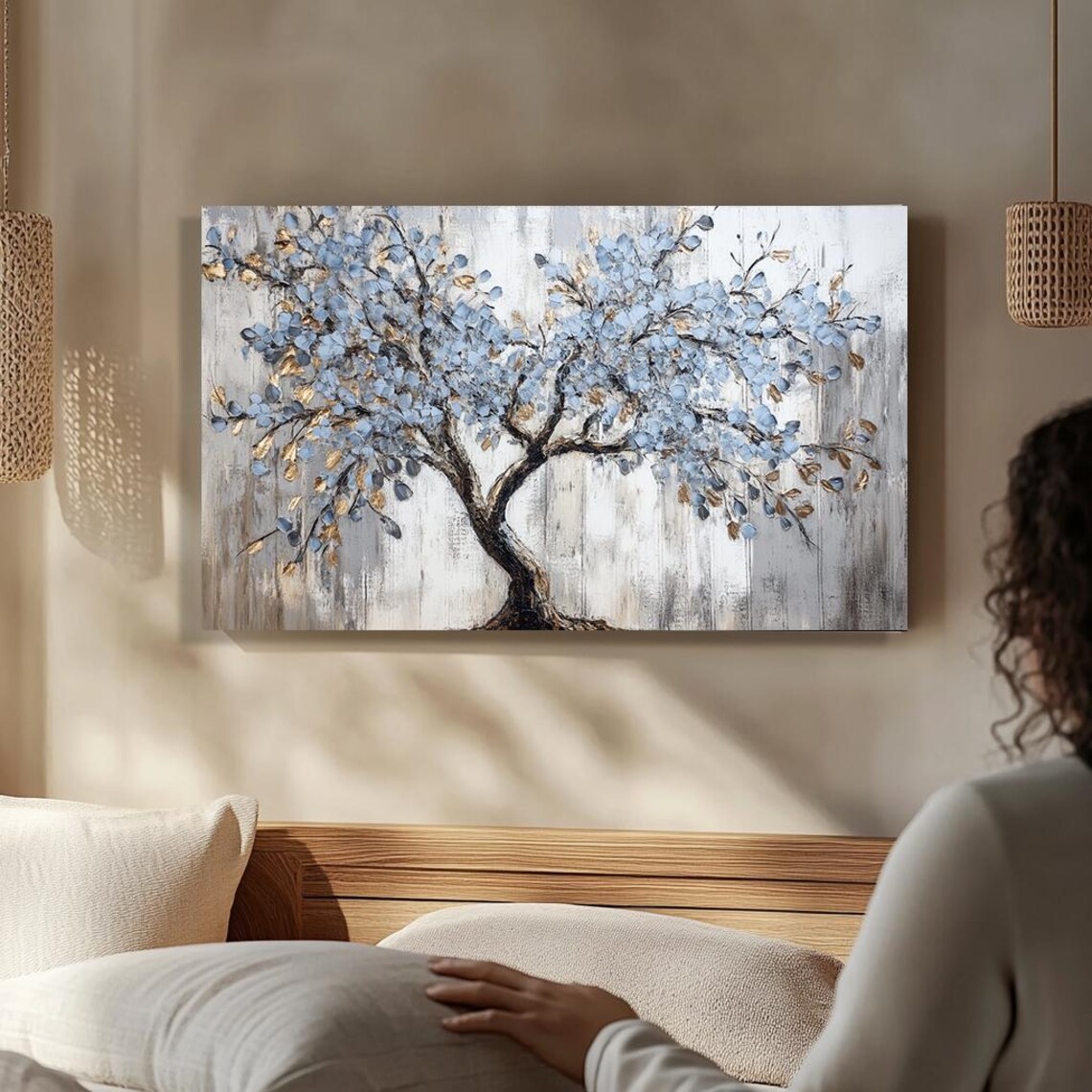 Textured Blue And Gold Tree Painting Modern Palette Knife Art Abstract Wall Decor Elegant Handcrafted Artwork For Home - Image 2