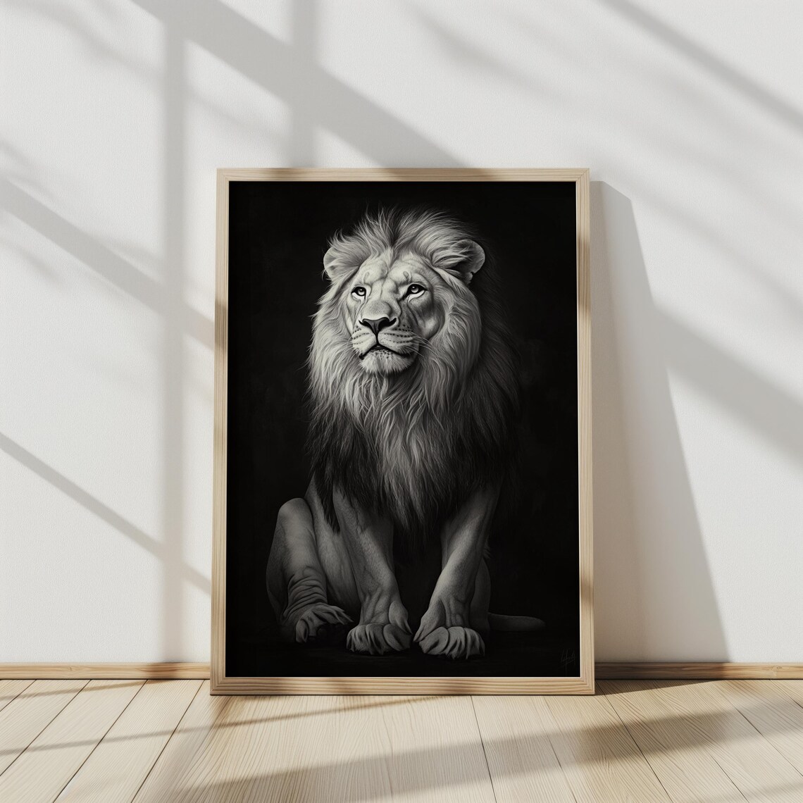 White Lion Seated Portrait Black Background Regal Full Mane Print - Image 2