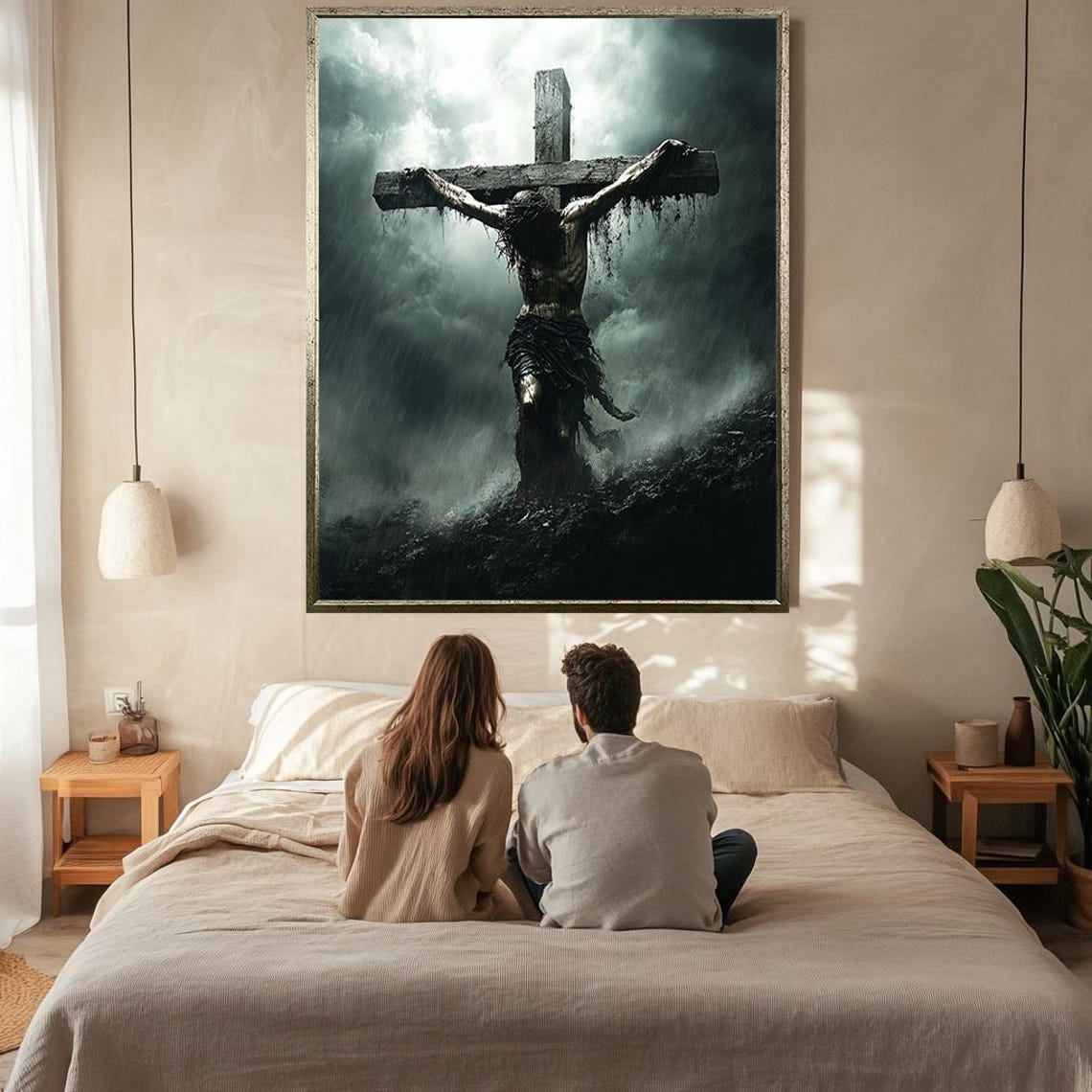 Jesus Christ On The Cross In Stormy Rain Dramatic Suffering Poster - Image 2