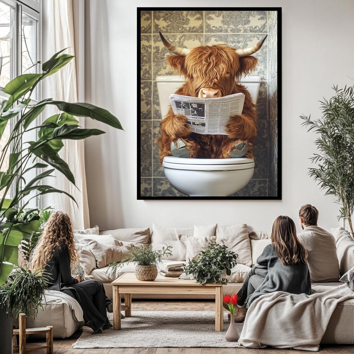 Funny Highland Cow Sitting On Toilet Reading Newspaper Bathroom Poster - Image 3