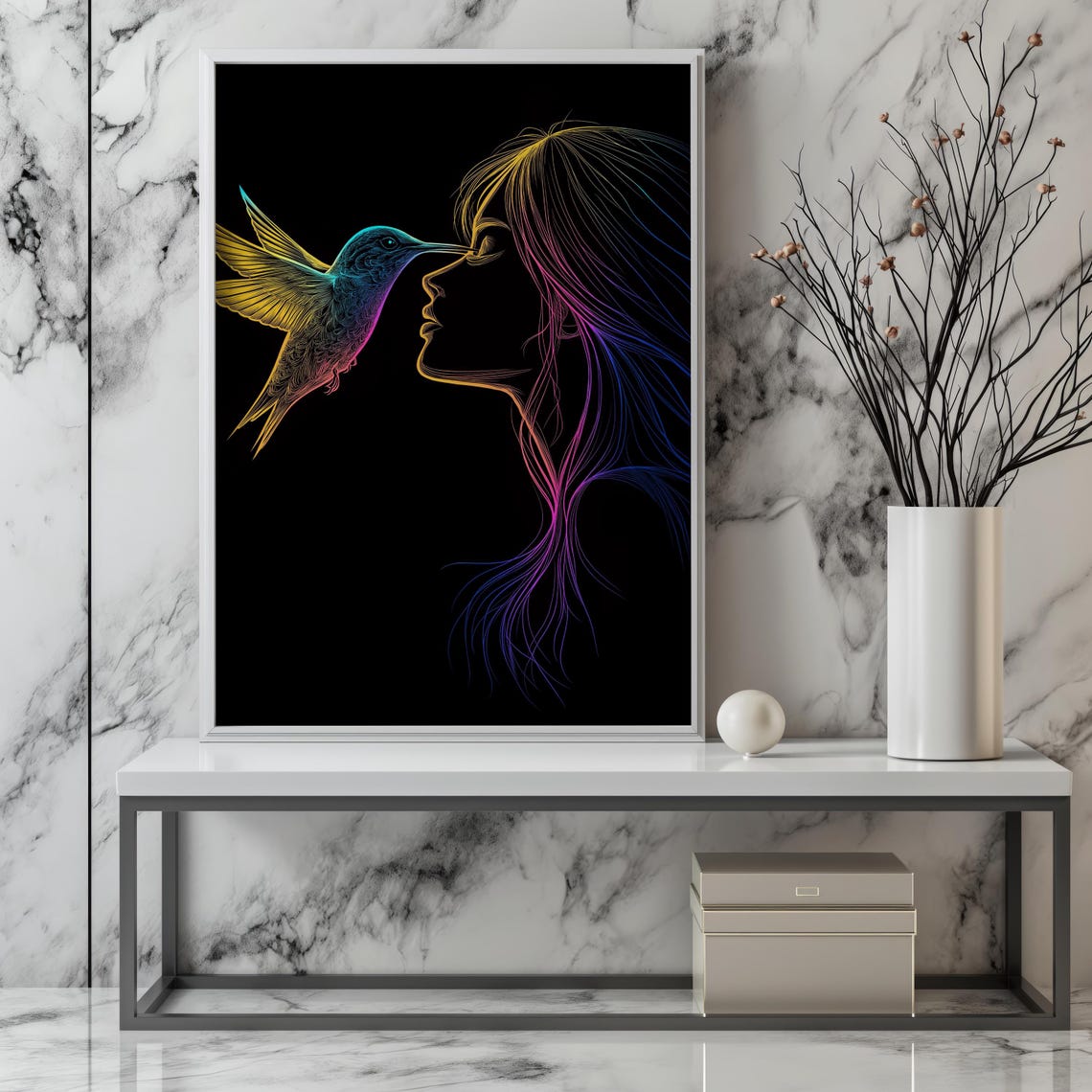 Neon Hummingbird Woman Silhouette Colorful Line Art Black Wall Art - Image 5