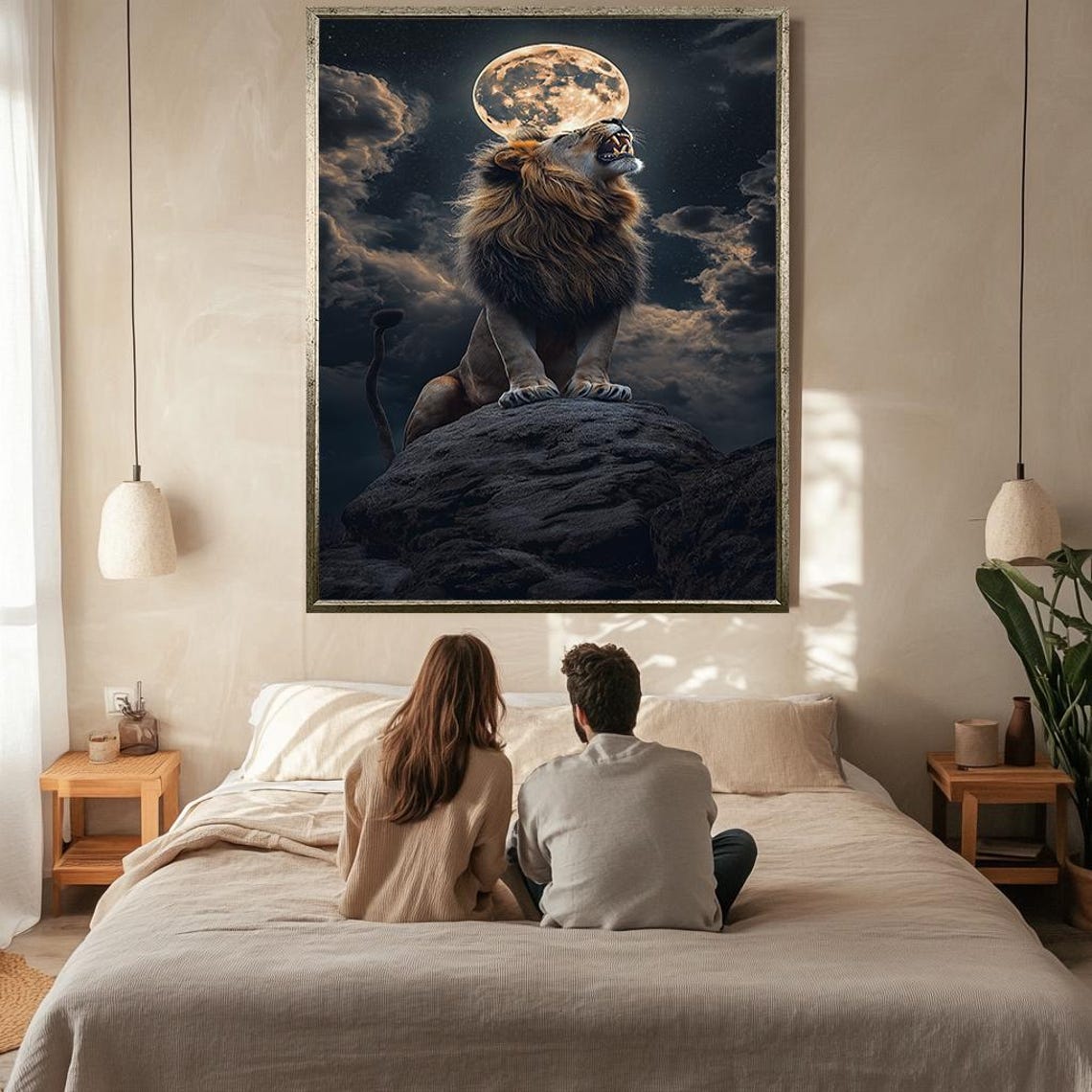 Lion Roaring at Full Moon Dramatic Cloudy Night Sky Wildlife Poster - Image 2