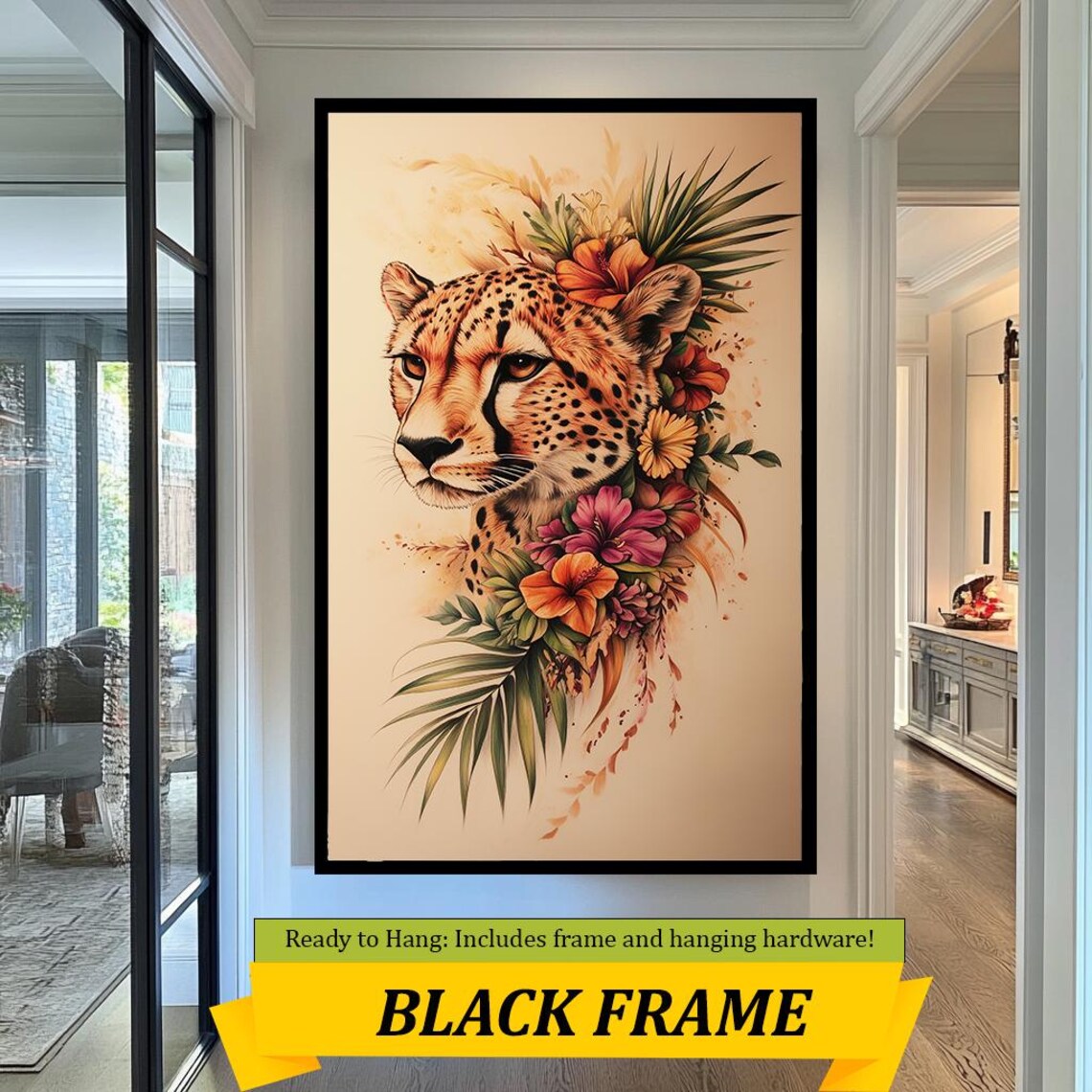 Elegant Cheetah Tropical Flowers Botanical Watercolor Wildlife Poster - Image 4