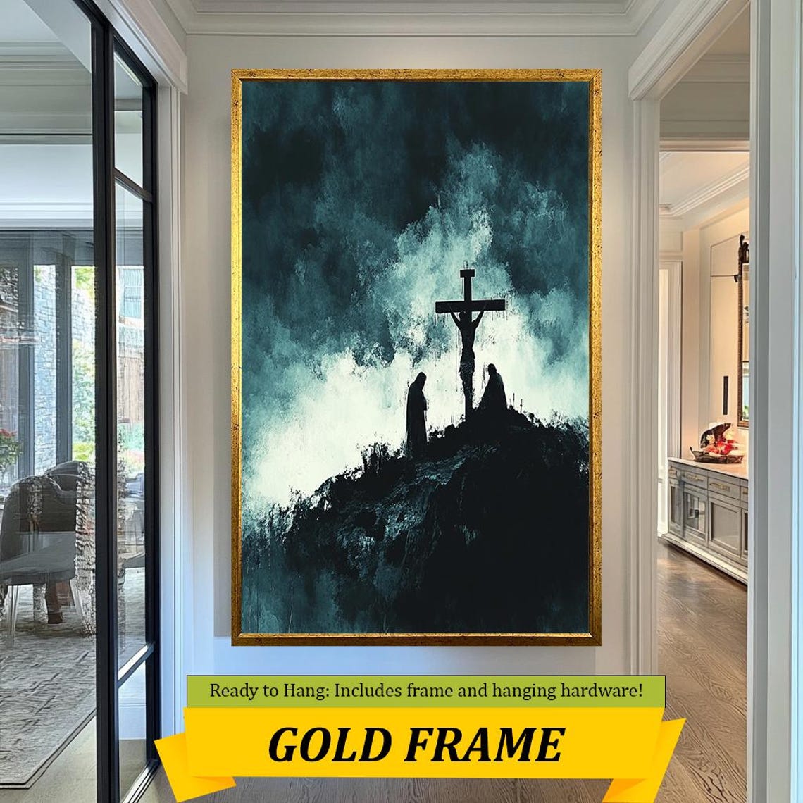 Crucifixion Silhouette Cross Teal Smoke Abstract Spiritual Art Poster - Image 5