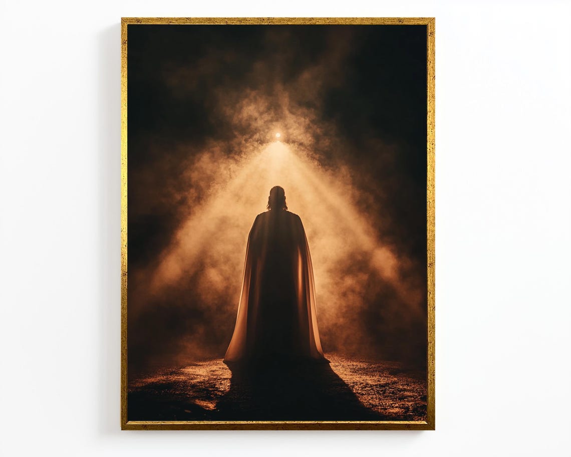 Jesus Silhouette Walking Toward Golden Divine Light Spiritual Poster - Image 4