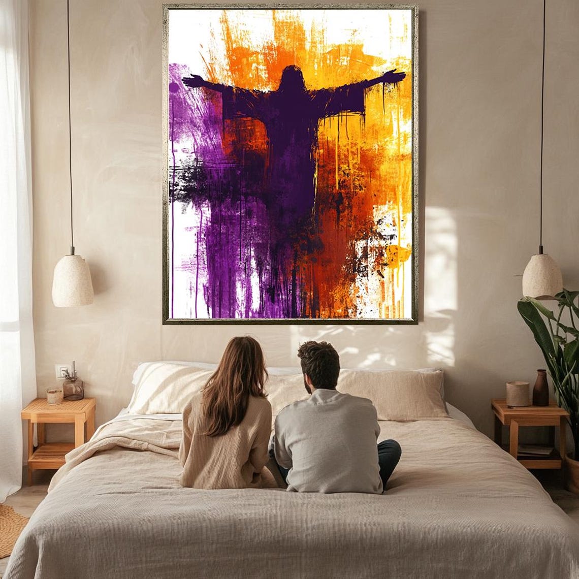 Jesus With Open Arms Orange Purple Abstract Dripping Paint Poster - Image 2