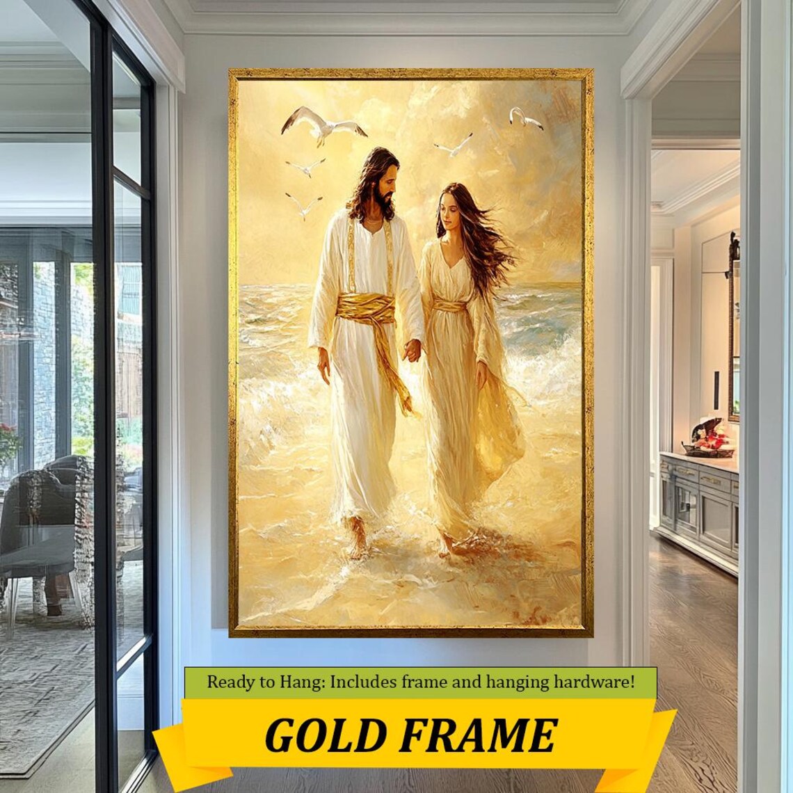 Jesus Walking With Woman On Golden Beach Ocean Waves Seagulls Poster - Image 5