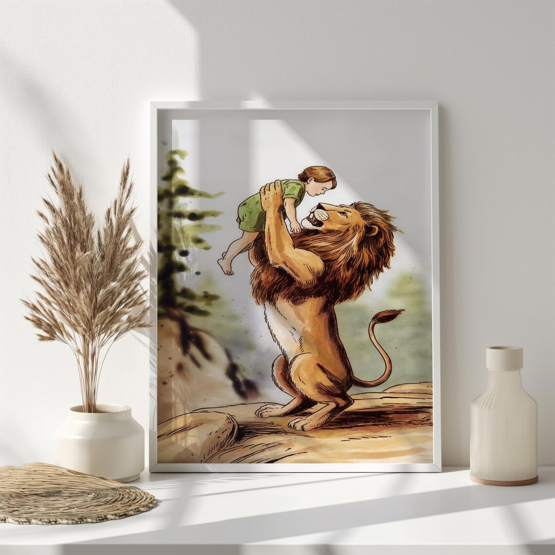 Gentle Lion Lifting Little Boy Storybook Illustration Nursery Wall Art - Image 4