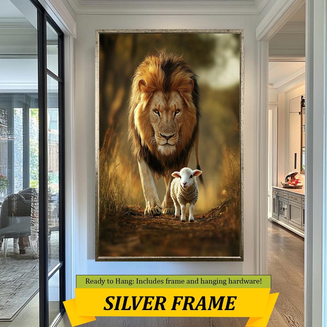 Lion And Lamb Walking Golden Savanna Light Framed Faith Artwork Poster - Image 5