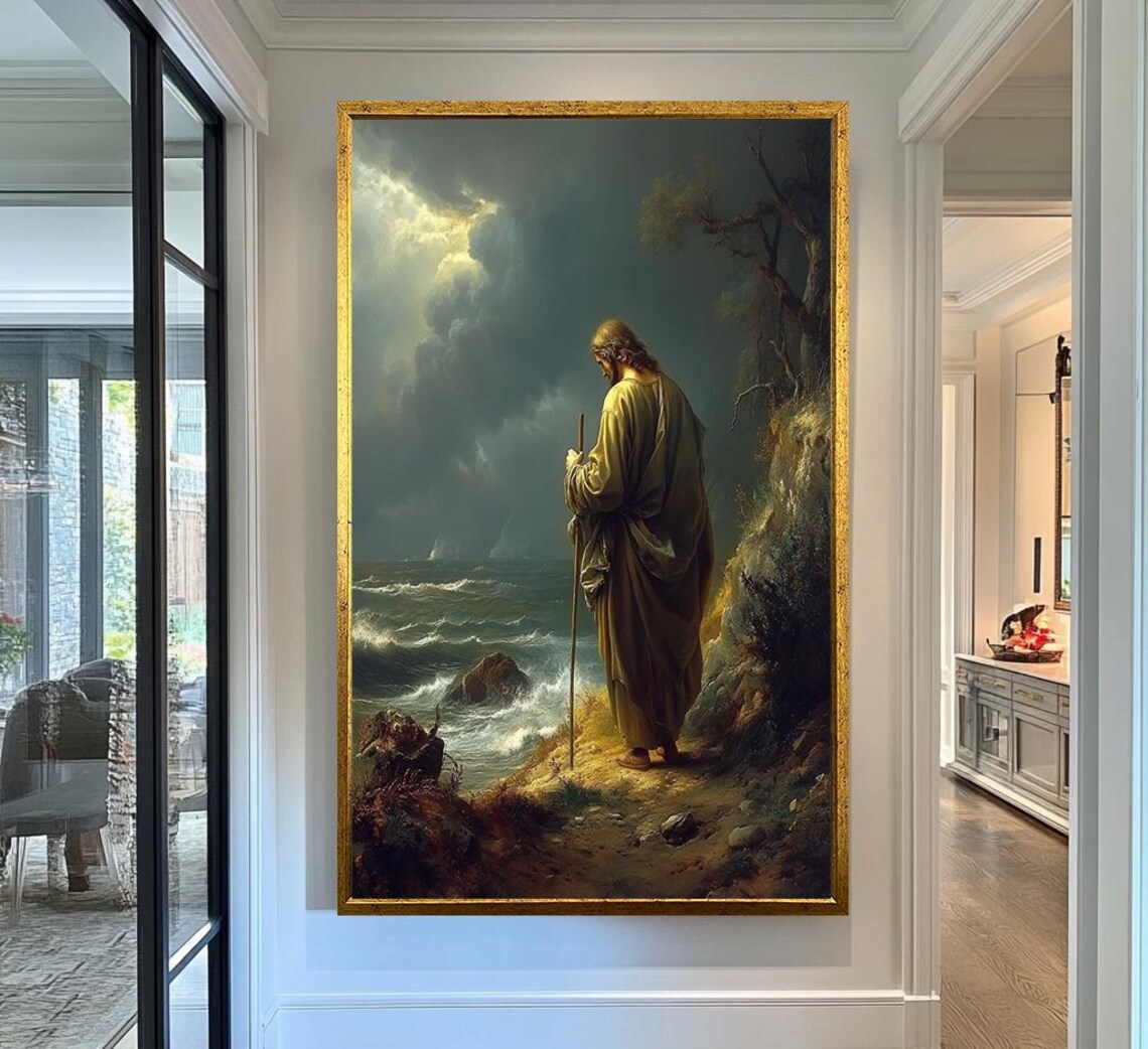 Jesus As Shepherd With Staff On Stormy Rocky Seashore Moody Wall Art