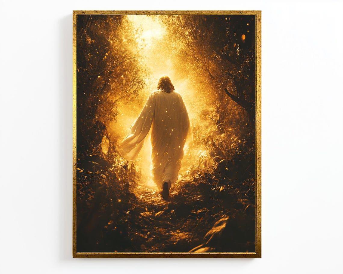 Jesus Walking Toward Golden Radiant Light In Dark Forest Path Poster - Image 4